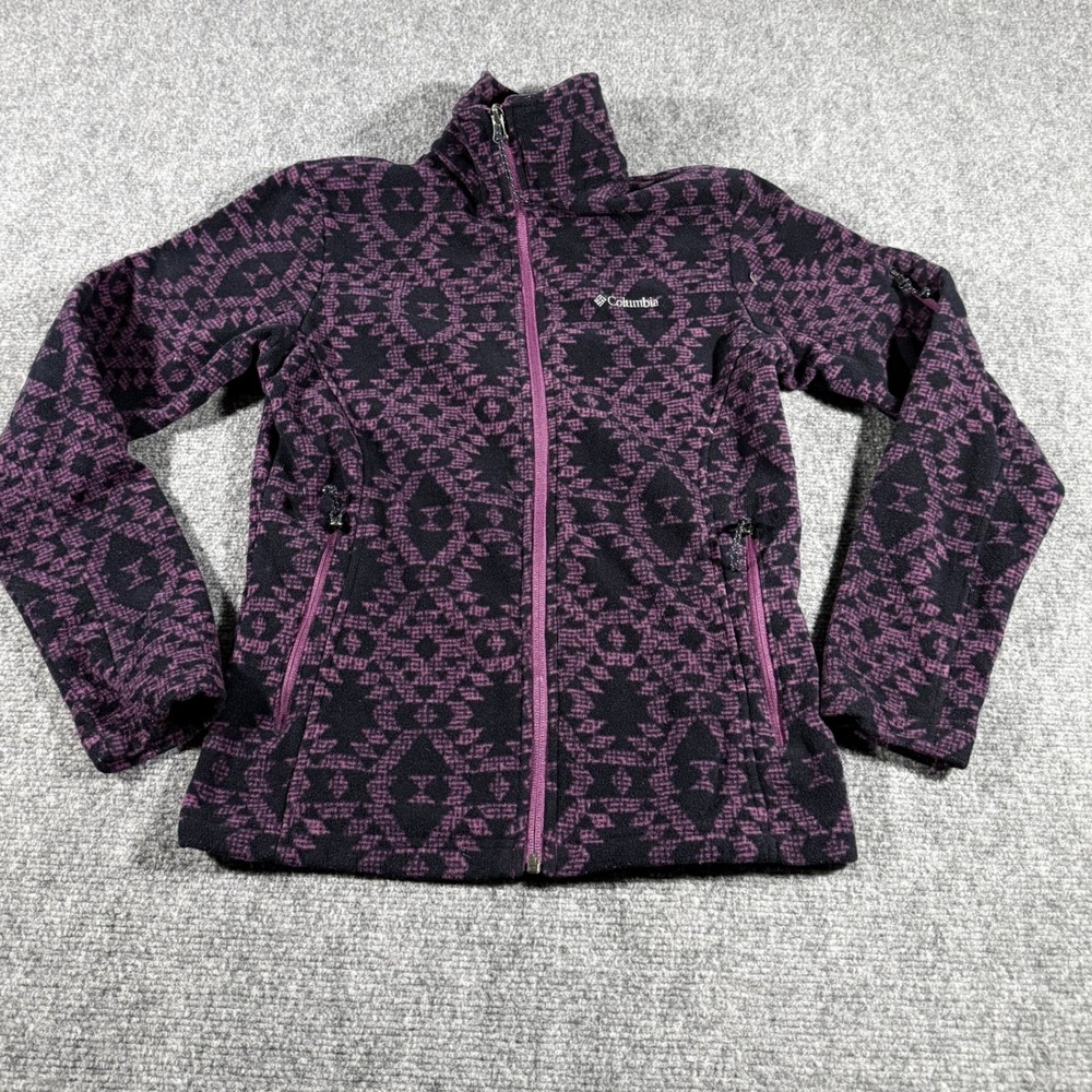 Columbia Womens XS Full Zip Fleece‎ Jacket Purple Black Geometric Aztec Pattern
